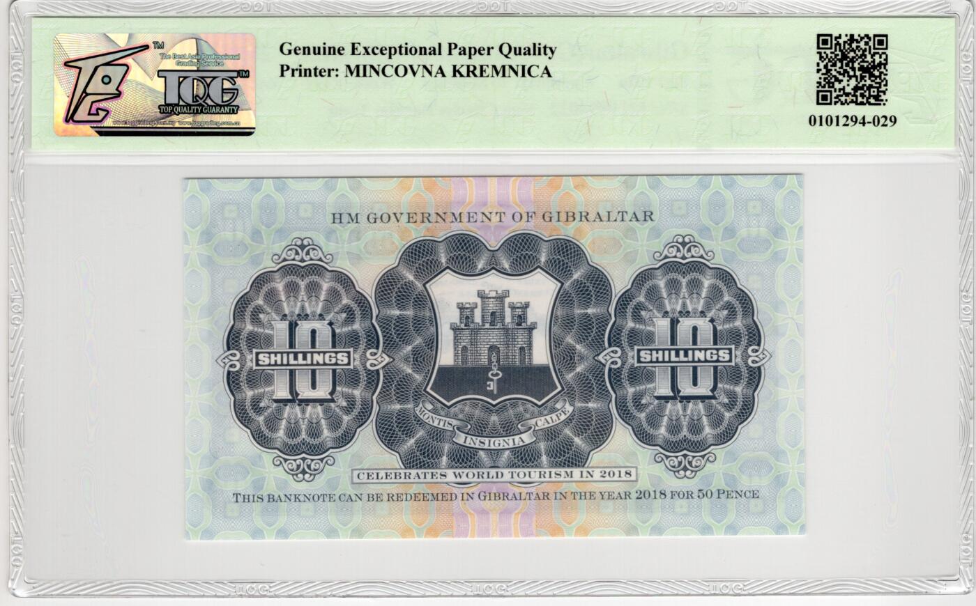 PThappally收藏第55次拍卖，英联邦地区硬币纸币 2018 直布罗陀10 先令 签名为 CD. TODD, Pick: 41, TQG 67 GEPQ Superb Gem UNC