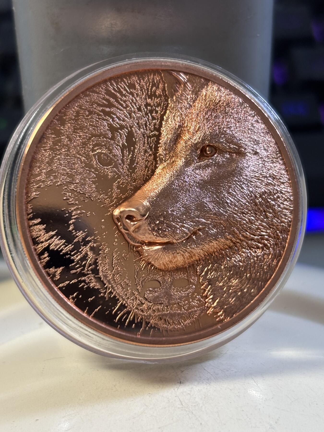 第191期拍卖 蒙古2021年草原狼双面高浮雕50克纪念铜币，50克