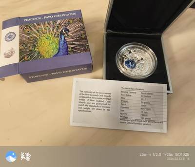 昊象达收藏银币拍卖第二场 - 2017库克彩釉陶器孔雀与花50克999银