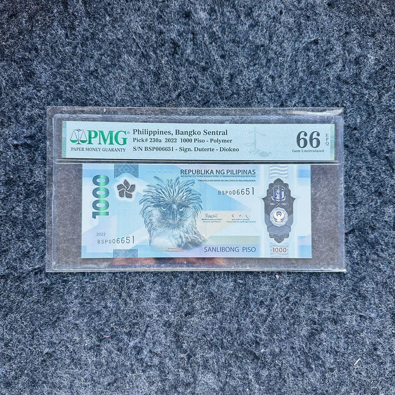 🇨🇳🇺🇳¥ ¥2026🐎新年塑料钞评级钞 菲律宾2022年1000比索，纪念钞，IBNS获奖钞，BSP特殊冠，(BSP006651)