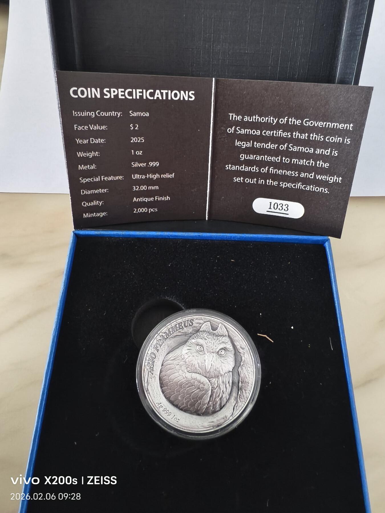 昊象达收藏银币拍卖第二场 2025年萨摩亚1盎司999银树洞系列超高浮雕仿古纪念银币 2025-短耳鸮