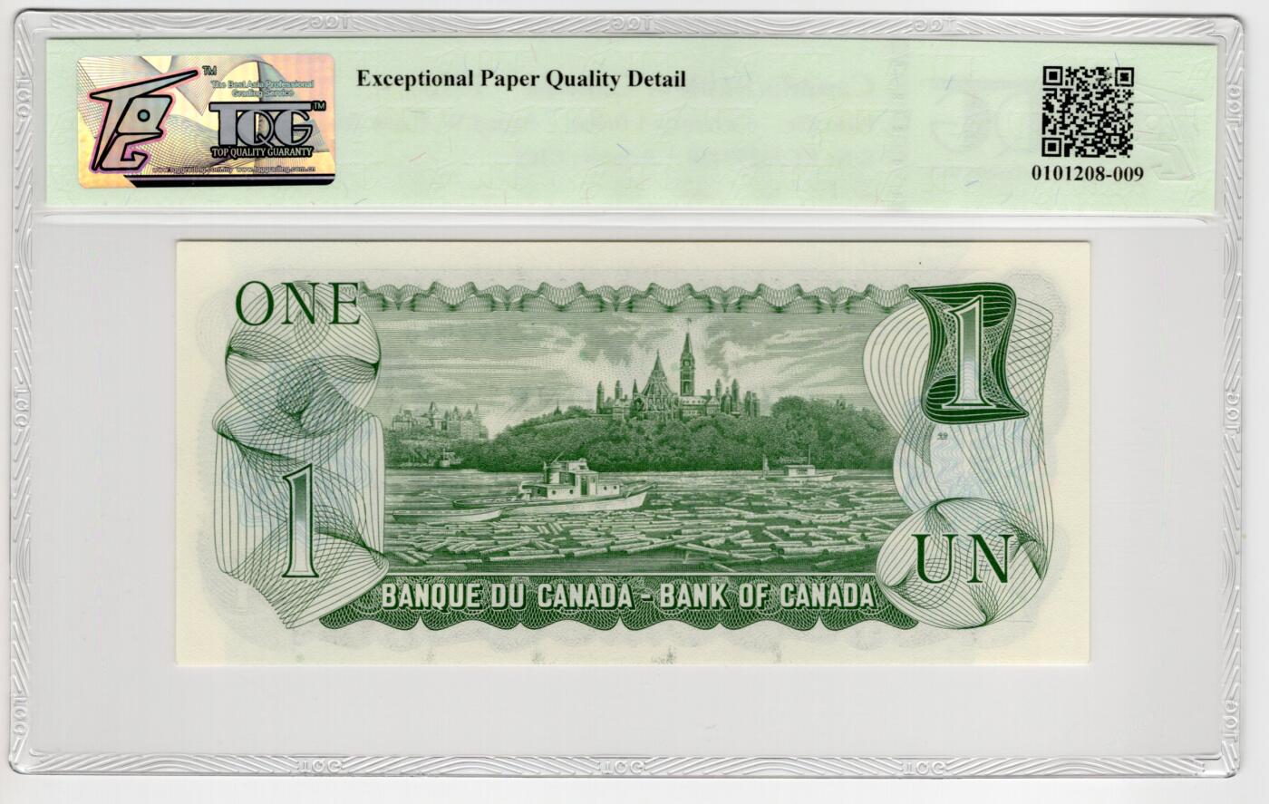 PThappally收藏第55次拍卖，英联邦地区硬币纸币 1973 加拿大 1 元  签名为John William Crow &Gerald Keith Bouey, Pick: 85c, TQG 66 EPQD Gem UNC
