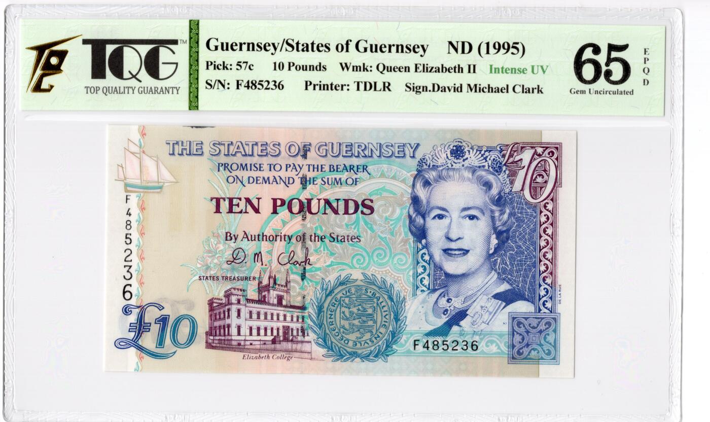 PThappally收藏第55次拍卖，英联邦地区硬币纸币 1995  根西岛 10 镑纸币   签名为D.M. Clark, Pick: 57c, TQG 65 EPQD Gem UNC