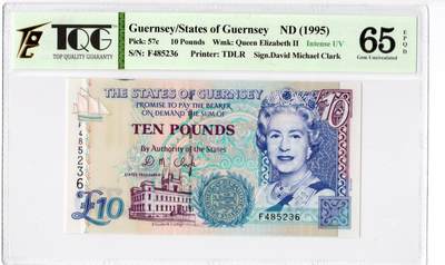 PThappally收藏第55次拍卖，英联邦地区硬币纸币 - 1995  根西岛 10 镑纸币   签名为D.M. Clark, Pick: 57c, TQG 65 EPQD Gem UNC