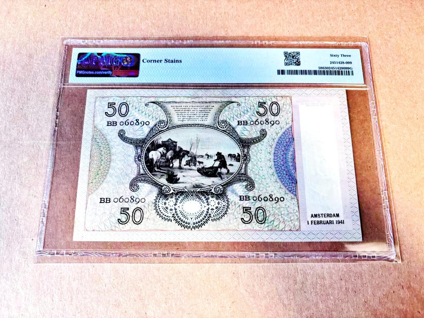 【Blue Auction】世界纸币精拍第787期——18级TOP拍卖/信誉/品质/专业/高效💫  【倒置号】荷兰1941-43年50盾 BB冠 经典吃牡蛎的小女孩 PMG63