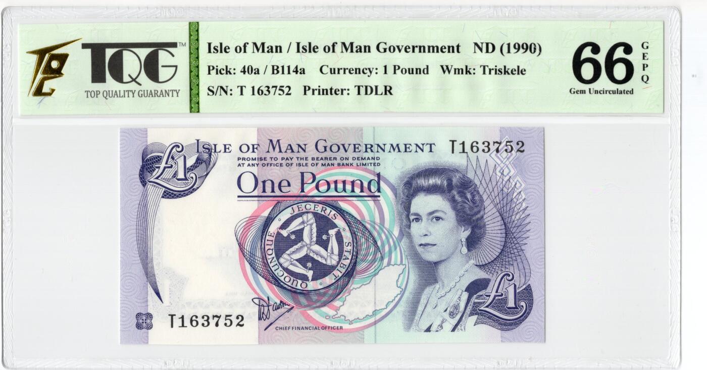 PThappally收藏第55次拍卖，英联邦地区硬币纸币 1990 马恩岛 1 镑 签名为Dawson, Pick: 40a  TQG 66 GEPQ Gem UNC