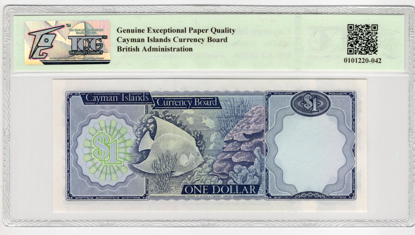 PThappally收藏第55次拍卖，英联邦地区硬币纸币 1972年 开曼群岛 1 元  签名为Vassel Godfrey Johnson, Pick:1b, TQG 65 GEPQ Gem UNC