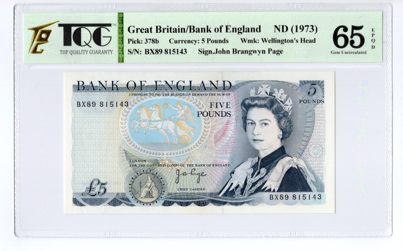 PThappally收藏第55次拍卖，英联邦地区硬币纸币 1973 英格兰银行 5 英镑  签名为John Brangwyn Page (JBP）Pick:378b TQG 65 EPQD Gem UNC