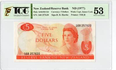 PThappally收藏第55次拍卖，英联邦地区硬币纸币 - 1977 新西兰 5元   签名为H. Ray Hardie, Pick: 165d, TQG 53 About UNC