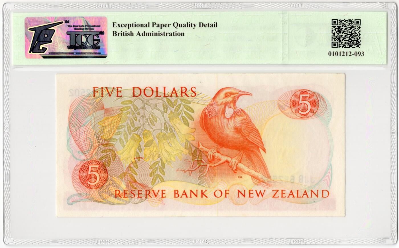 PThappally收藏第55次拍卖，英联邦地区硬币纸币 1989 新西兰 5元   签名为Donald Thomas Brash, Pick: 171c, TQG 65 EPQD Gem UNC