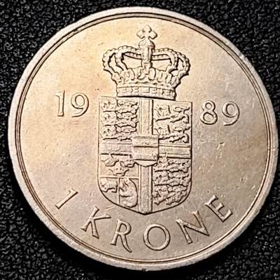 泉币菌-第192场- 除夕专场-新年快乐 本场拍品多 请提前出价（年后发货） - 丹麦1989年1克朗 皇冠 玛格丽特女王 25.5mm