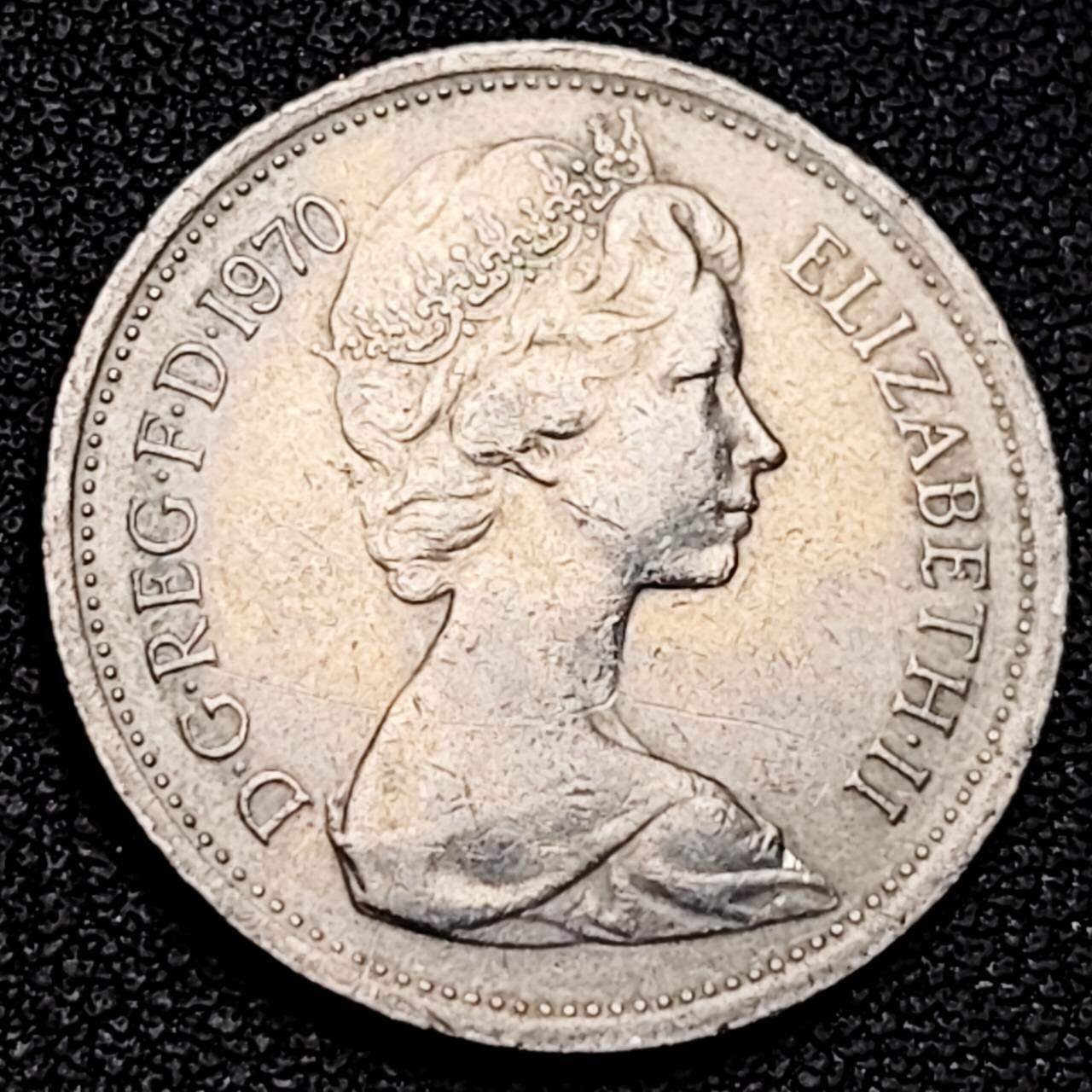 泉币菌-第192场- 除夕专场-新年快乐 本场拍品多 请提前出价（年后发货） 老版 1970年英国大5便士镍币 皇冠蓟草 23mm 