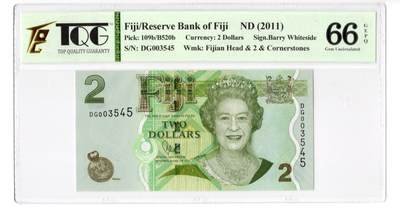 PThappally收藏第55次拍卖，英联邦地区硬币纸币 - 2011 斐济 2元 签名为 Barry Whiteside, Pick: 109b,  TQG 66 GEPQ Gem UNC