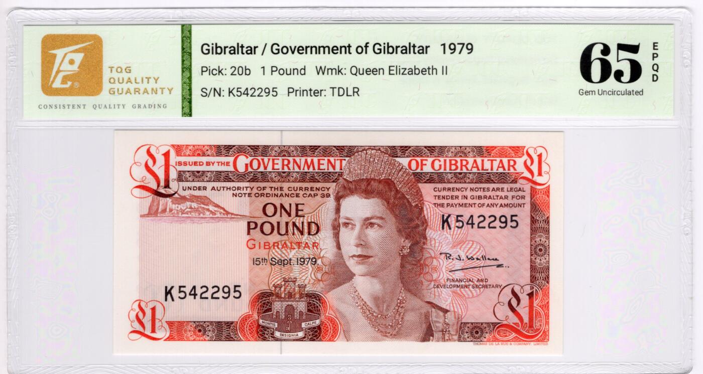 PThappally收藏第55次拍卖，英联邦地区硬币纸币 1979 直布罗陀1镑 签名为R.J.Wallace, Pick:20b,  TQG 65 EPQD Gem UNC
