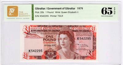 PThappally收藏第55次拍卖，英联邦地区硬币纸币 - 1979 直布罗陀1镑 签名为R.J.Wallace, Pick:20b,  TQG 65 EPQD Gem UNC