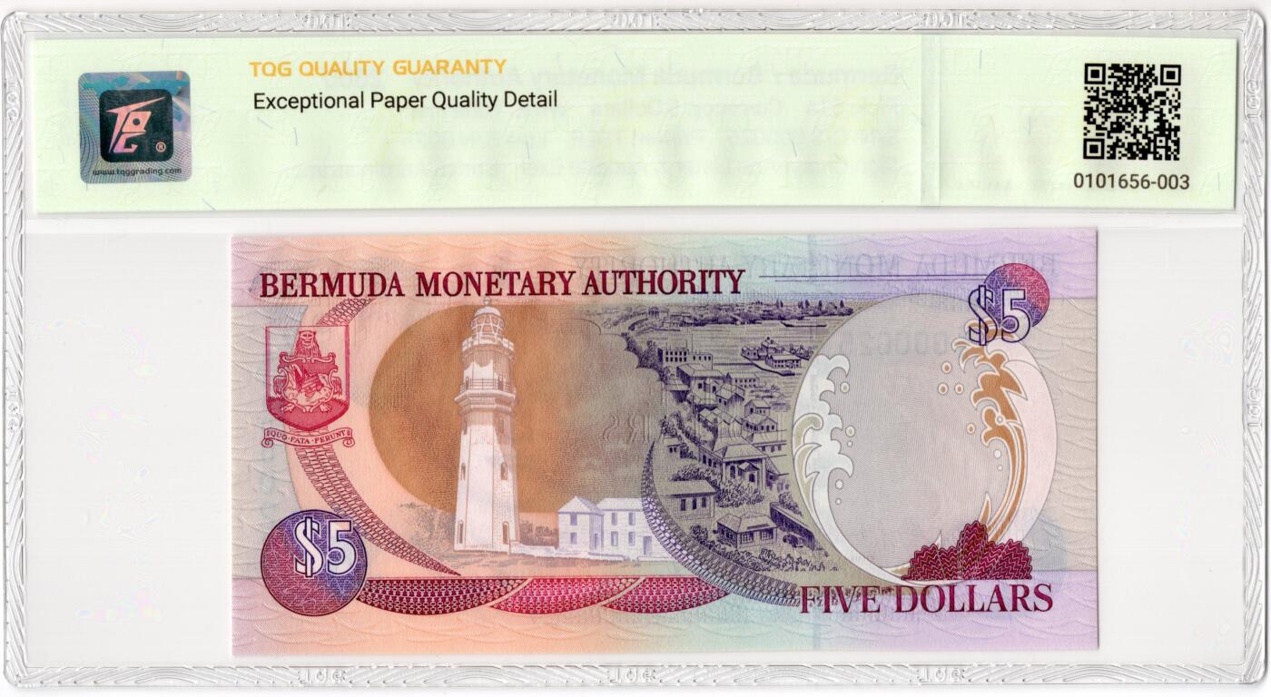 PThappally收藏第55次拍卖，英联邦地区硬币纸币 2000 百慕大 5 元 签名为 Cheryl-Ann Lister&Audette Exel, Pick 51a, Low S/N 0025, TQG 66 EPQD Gem UNC