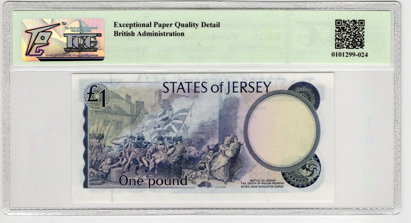PThappally收藏第55次拍卖，英联邦地区硬币纸币 1985 泽西岛 1镑  签名为Leslie May, Pick: 11b, TQG 66 EPQD Gem UNC