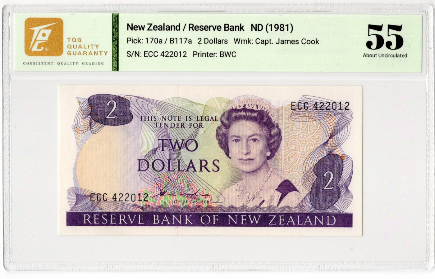 PThappally收藏第55次拍卖，英联邦地区硬币纸币 1981 新西兰 2元   签名为H. Ray Hardie, Pick: 170a  TQG 55  About UNC