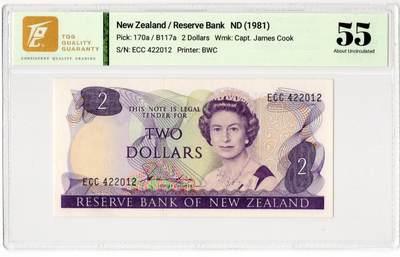 PThappally收藏第55次拍卖，英联邦地区硬币纸币 - 1981 新西兰 2元   签名为H. Ray Hardie, Pick: 170a  TQG 55  About UNC