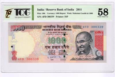 PThappally收藏第55次拍卖，英联邦地区硬币纸币 - 2011 印度  1000 卢比 签名为 Subbarao, Pick: 100t, TQG 58 Choice About UNC