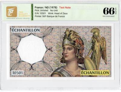 PThappally收藏第55次拍卖，英联邦地区硬币纸币 - 法国 年份 1978, 全新的 测试钞 克劳斯 "ECHANTILLON" 认证于: TQG 66 EPQD Gem UNC