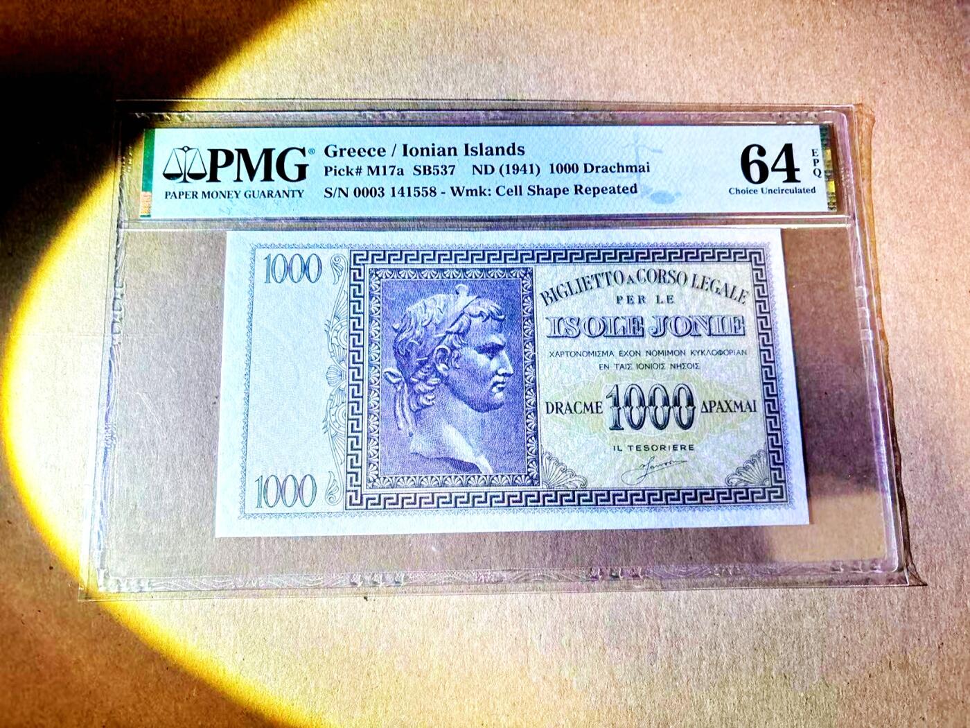 【Blue Auction】世界纸币精拍第787期——18级TOP拍卖/信誉/品质/专业/高效💫  希腊 伊奥尼亚群岛大区 1941年1000德拉科马 PMG64EPQ 全新原票 正面为欧洲“四大战神”之一的凯撒大帝 其奠定了罗马帝国根基