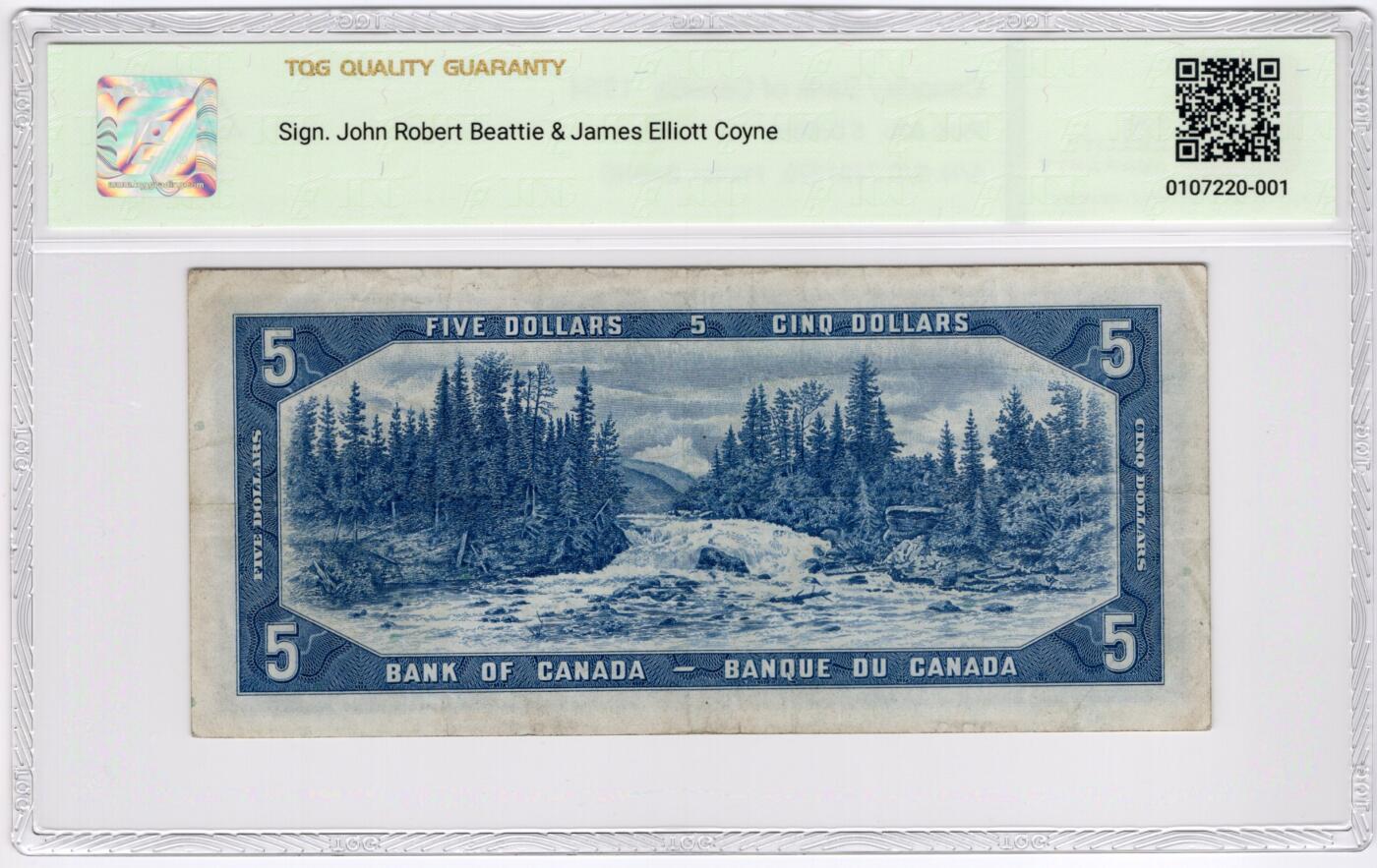 PThappally收藏第55次拍卖，英联邦地区硬币纸币 1954 加拿大 5 元 签名为J.R. Beattie &James Elliott Coyne, Pick:68b, (Devil's Face)  TQG 40 Extremely Fine