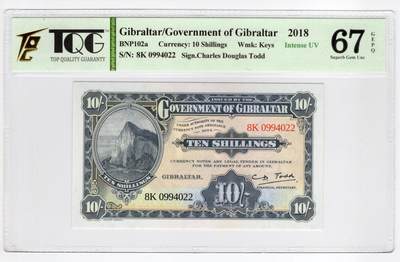 PThappally收藏第55次拍卖，英联邦地区硬币纸币 - 2018 直布罗陀10 先令 签名为 CD. TODD, Pick: 41, TQG 67 GEPQ Superb Gem UNC