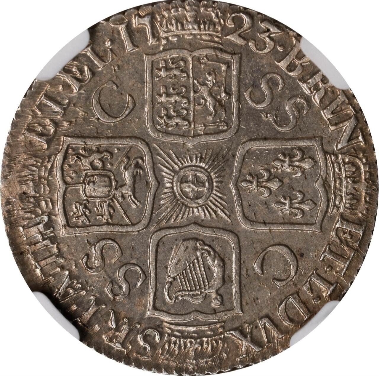 “福币呈祥”新年甄品场（直播拍卖）甄臻铺-世界币章拍卖（第50期），送拍享返佣金等优惠多多 NGC-MS63 英国 1723年 乔治一世SSC一先令银币 原味深包浆 高点清晰，顶级状态