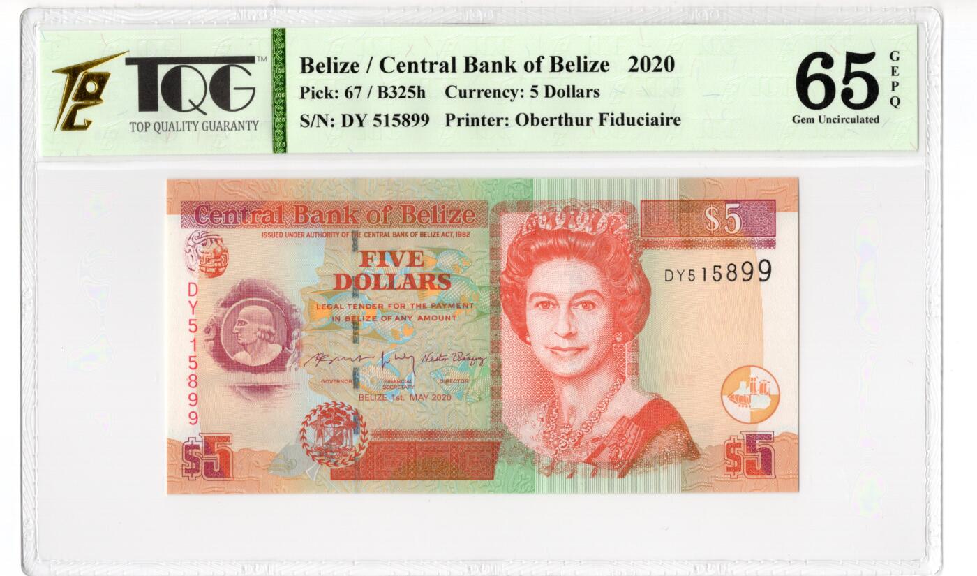 PThappally收藏第55次拍卖，英联邦地区硬币纸币  2020 伯利兹 5 元纸币   签名为 Audrey Joy Gran& Joseph D. Waight&Nestor Vasquez, Pick: 67, TQG 66 GEPQ Gem UNC
