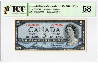 PThappally收藏第55次拍卖，英联邦地区硬币纸币 - 1972 加拿大 5 元 签名为Gerald Keith Bouey  &Louis Rasminsky, Pick: 77c, TQG 58 Choice About UNC