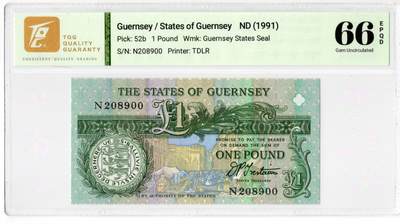 PThappally收藏第55次拍卖，英联邦地区硬币纸币 - 1991 根西岛 1 镑  签名为D.P Trestain, Pick: 51b, TQG 66 EPQD Gem UNC