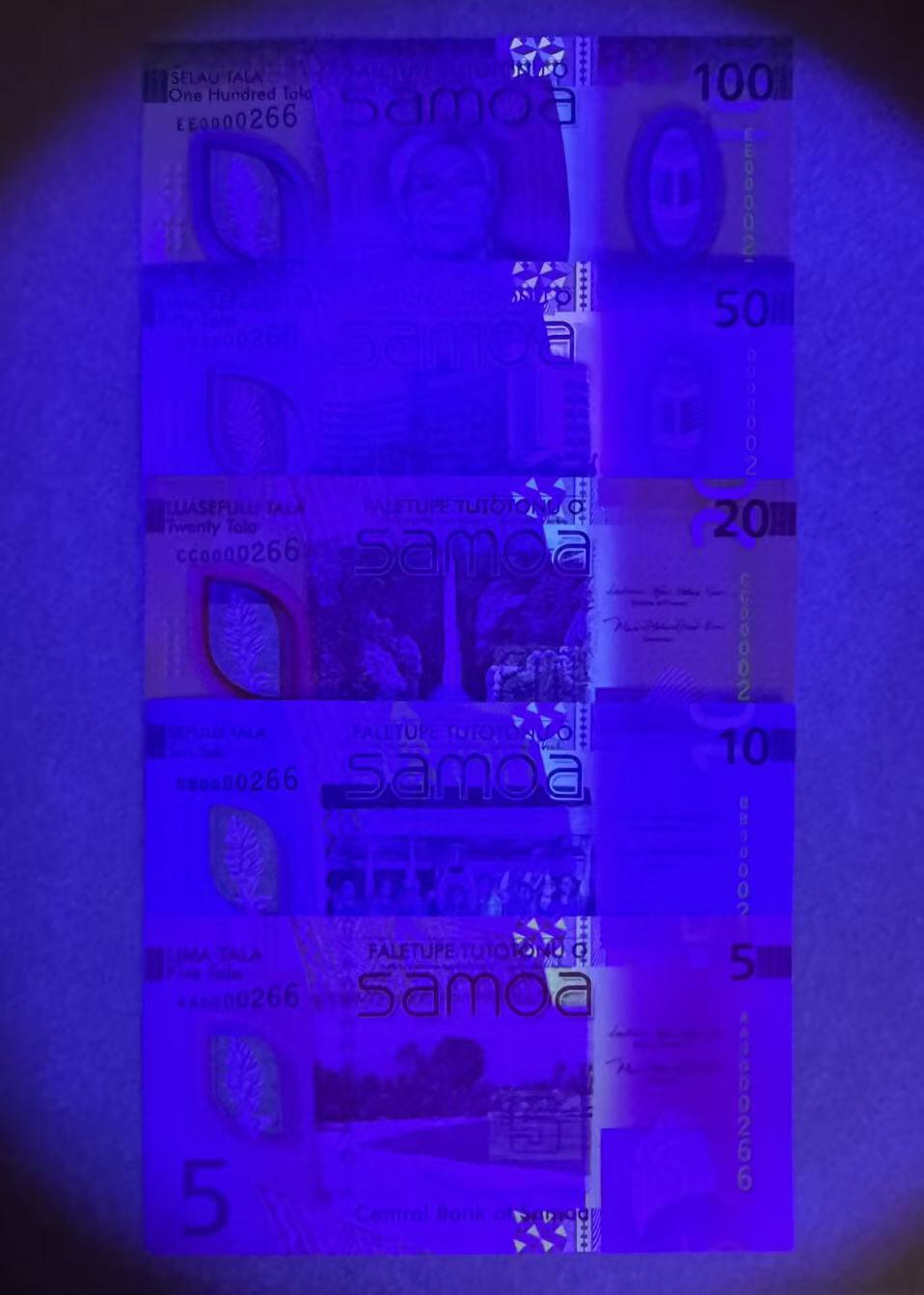 【Blue Auction】世界纸币精拍第787期——18级TOP拍卖/信誉/品质/专业/高效💫  【一组5张首发冠 266全同小号】萨摩亚 新版5-100塔拉 全新UNC