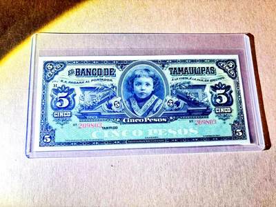 【Blue Auction】世界纸币精拍第787期——18级TOP拍卖/信誉/品质/专业/高效💫  - 【无47】墨西哥1902-14年5比索 小女孩 二犬观湖 ABNC出品 全新UNC