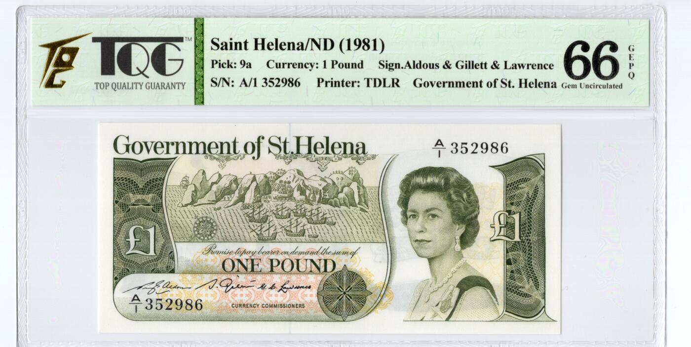 PThappally收藏第55次拍卖，英联邦地区硬币纸币 1981  圣赫勒拿  1 镑  签名为P.E. Aldous & S. Gillet & G.C. Lawrence, Pick: 9a,  TQG 66 GEPQ Gem UNC