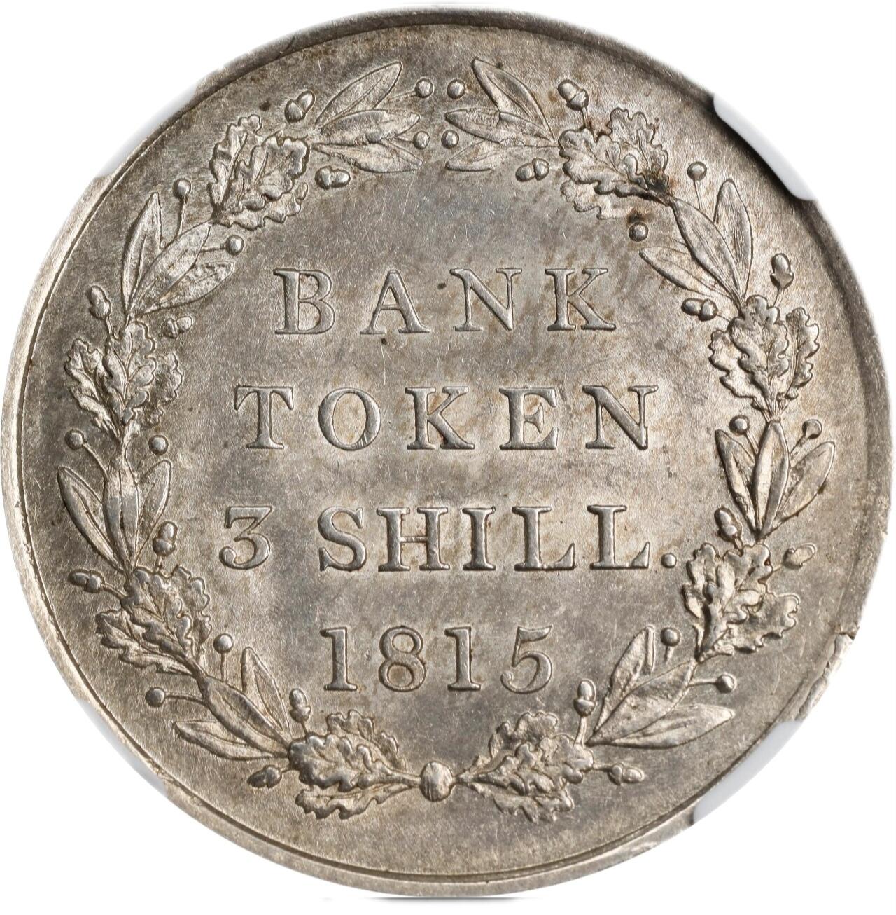“福币呈祥”新年甄品场（直播拍卖）甄臻铺-世界币章拍卖（第50期），送拍享返佣金等优惠多多 NGC-MS63 英国1815年乔三3先令大银币，币面状态一流，整体呈现如丝绸般光泽，数量稀少 经典的英格兰银行系列 麦稀奇1814年62分成交价3k 15更加少见
