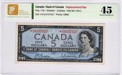 PThappally收藏第55次拍卖，英联邦地区硬币纸币 - 1961 加拿大 5 元 补号纸币/星号券  签名为John Robert Beattie &Louis Rasminsky, Pick: 77b* (Replacement Star) TQG 45 Choice Extremely Fine