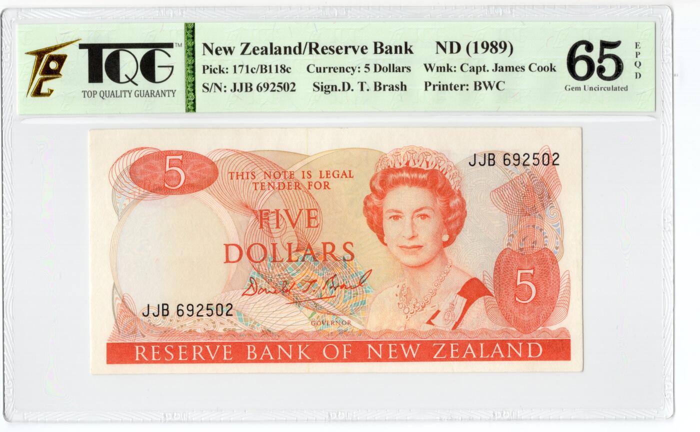 PThappally收藏第55次拍卖，英联邦地区硬币纸币 1989 新西兰 5元   签名为Donald Thomas Brash, Pick: 171c, TQG 65 EPQD Gem UNC
