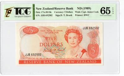 PThappally收藏第55次拍卖，英联邦地区硬币纸币 - 1989 新西兰 5元   签名为Donald Thomas Brash, Pick: 171c, TQG 65 EPQD Gem UNC
