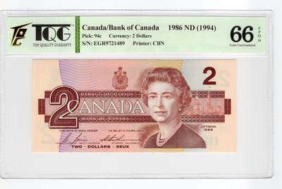 PThappally收藏第55次拍卖，英联邦地区硬币纸币 - 1994 加拿大 2 元  签名为Bernard Bonin& Gordon George Thiessen, Pick:94c, TQG 66 EPQD Gem UNC