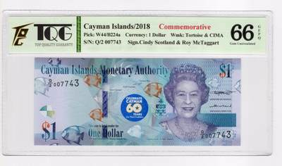 PThappally收藏第55次拍卖，英联邦地区硬币纸币 - 2018年 开曼群岛 「首部宪法 60 周年」1 元纪念钞 签名为Roy Taggart& Cindy Scotland, Pick: 44,  TQG 66 GEPQ Gem UNC