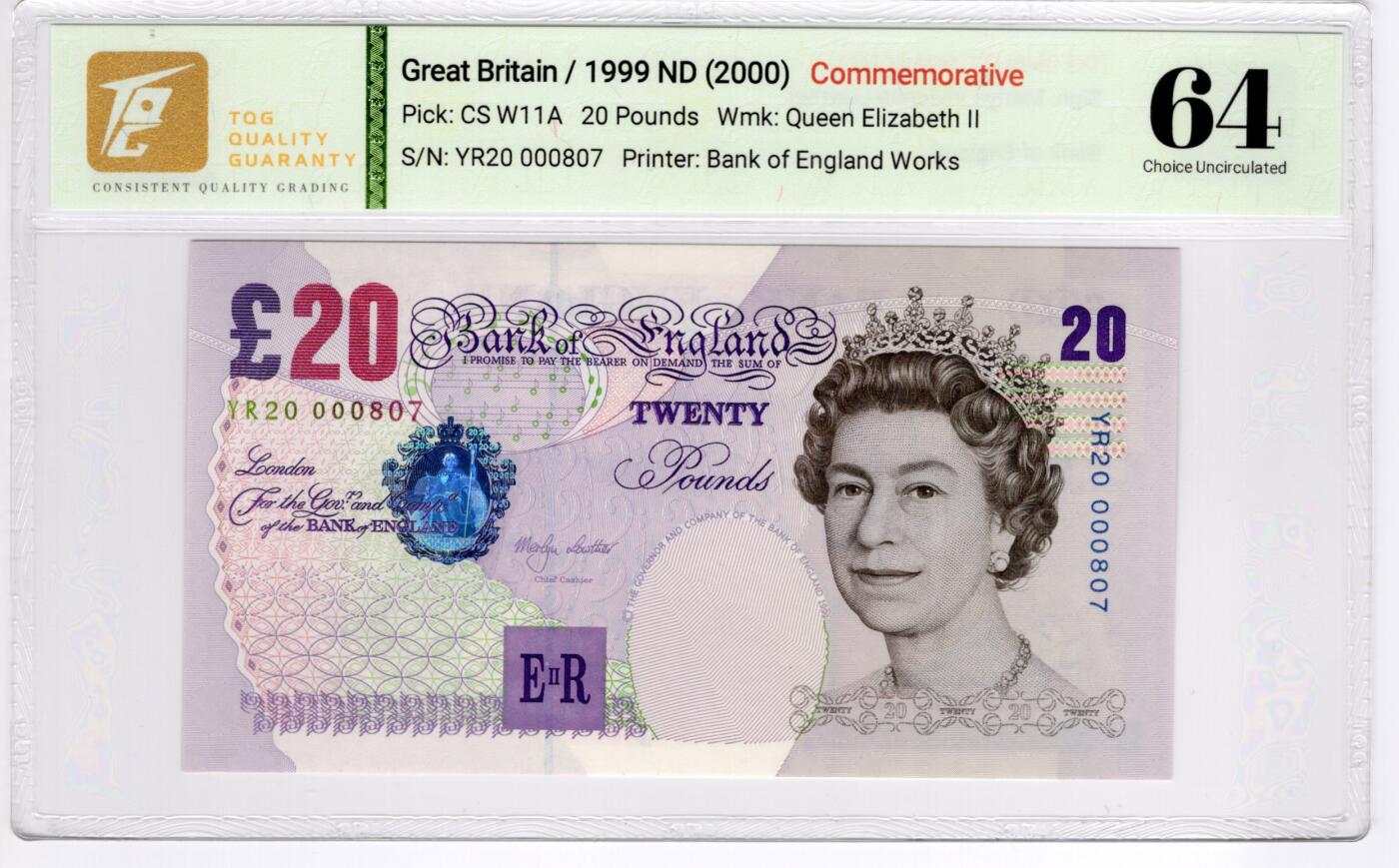 PThappally收藏第55次拍卖，英联邦地区硬币纸币 2000英格兰银行20英磅 纪念钞 签名为Merlyn Lowther, Pick:CSW11A,  TQG 64 Choice UNC