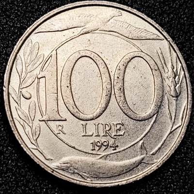 泉币菌-第189场- 情人节快乐 精品福利场 拍品较多 请提前出价（年后发货） - 1994年 意大利100里拉白铜硬币 海豚 飞鸟 小麦 22mm 纪念币铜钱