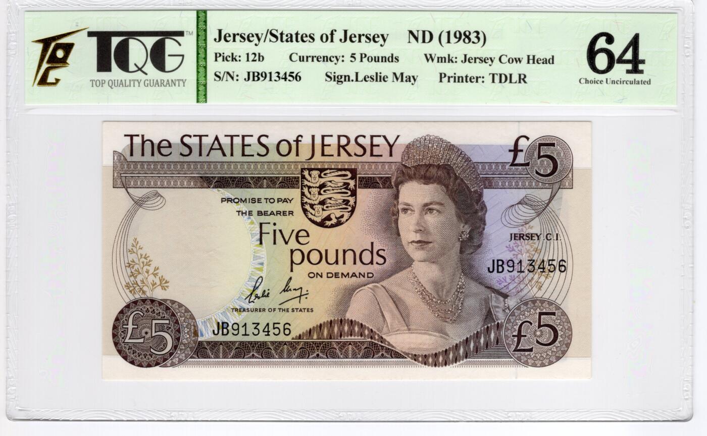 PThappally收藏第55次拍卖，英联邦地区硬币纸币 1983 泽西岛 5镑  签名为Leslie May, Pick:12b,  TQG 64 Choice UNC