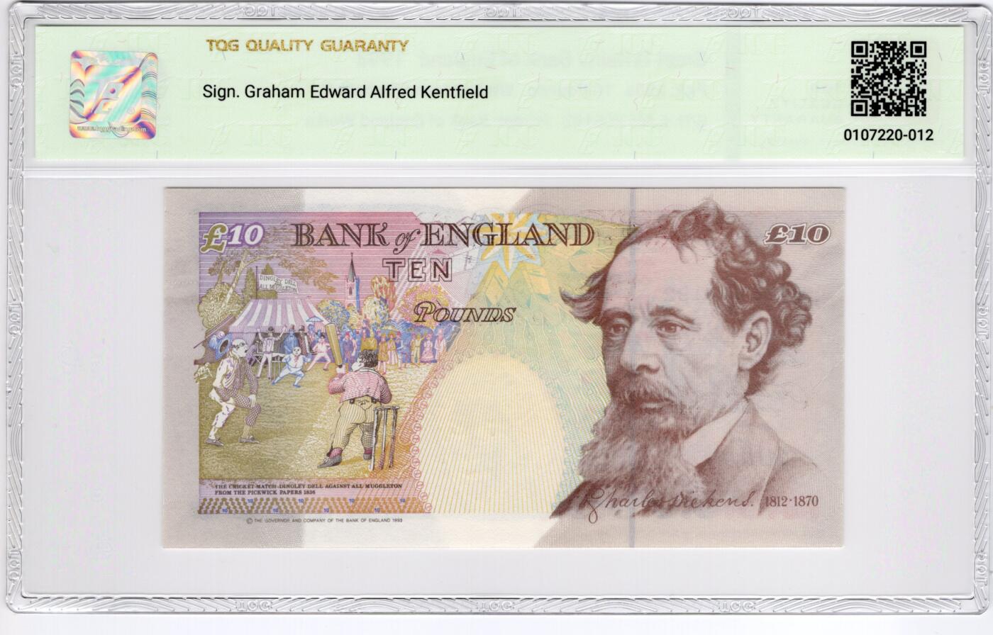 PThappally收藏第55次拍卖，英联邦地区硬币纸币 1993 英格兰银行 10 英镑  签名为G.E.A. Kentfield, Pick:386a, TQG 64 Choice UNC