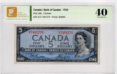 PThappally收藏第55次拍卖，英联邦地区硬币纸币 - 1954 加拿大 5 元 签名为J.R. Beattie &James Elliott Coyne, Pick:68b, (Devil's Face)  TQG 40 Extremely Fine