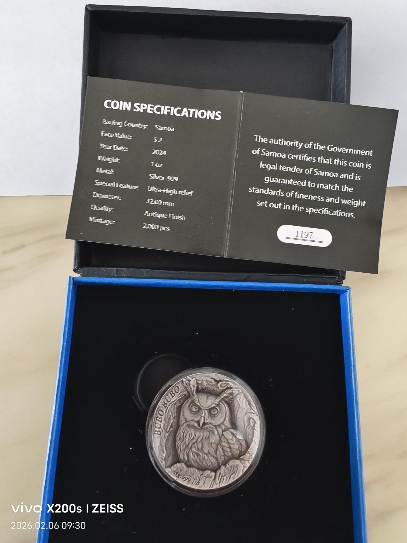 昊象达收藏银币拍卖第二场 2024萨摩亚1盎司999银树洞系列超高浮雕仿古纪念银币 2024-雕鸮