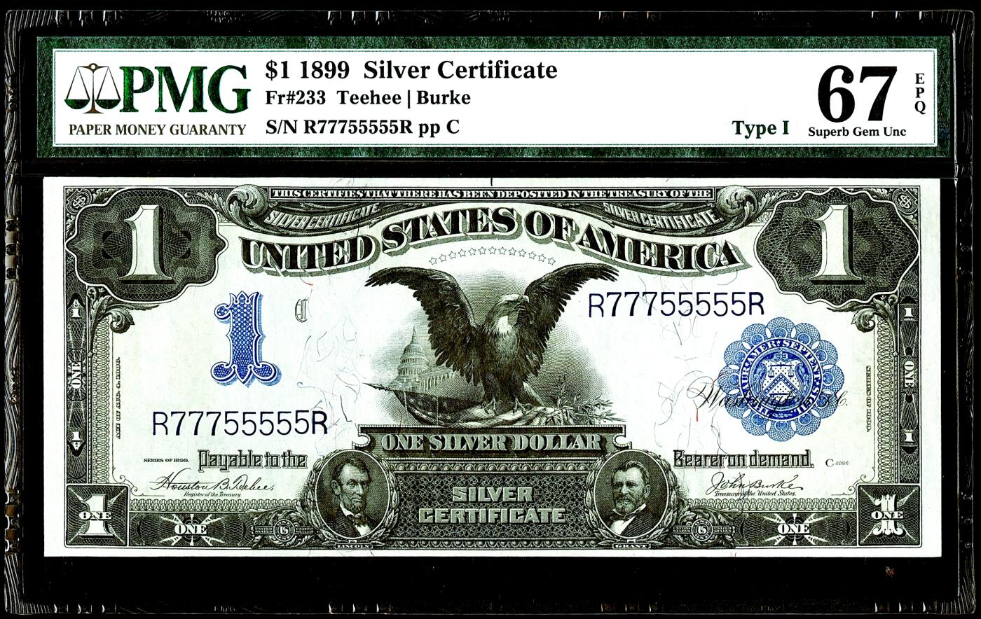 【Blue Auction】世界纸币精拍第787期——18级TOP拍卖/信誉/品质/专业/高效💫  【靓号R77755555R 所有fr超4000张记录仅3张更高分 评分及号码俱佳 亚军分】美国1899年1美金 经典大黑鹰 林肯和格兰特小像 PMG67EPQ 超高分  