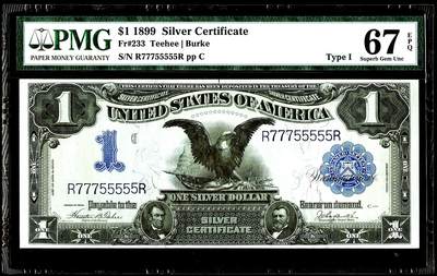 【Blue Auction】世界纸币精拍第787期——18级TOP拍卖/信誉/品质/专业/高效💫  - 【靓号R77755555R 所有fr超4000张记录仅3张更高分 评分及号码俱佳 亚军分】美国1899年1美金 经典大黑鹰 林肯和格兰特小像 PMG67EPQ 超高分  