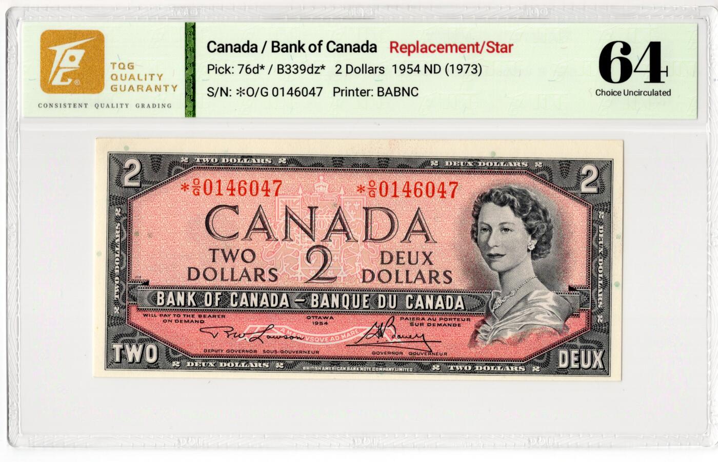 PThappally收藏第55次拍卖，英联邦地区硬币纸币 1973 加拿大 2 元 补号纸币 / 星号券  签名为Gerald Keith Bouey&Ruston William Lawson, Pick: 76d* (Replacement Star) TQG 64 Choice  UNC